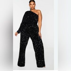 Pretty Little Thing Plus Black Velvet Sequin One Shoulder Wide Leg Jumpsuit
